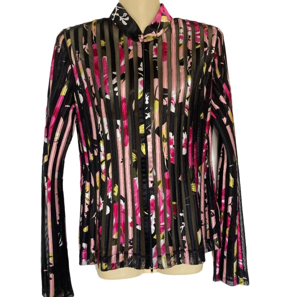 JS Collections Floral Zip Front Blouse Bell Sleeve Whimsigoth Romantic Mesh Sz 6